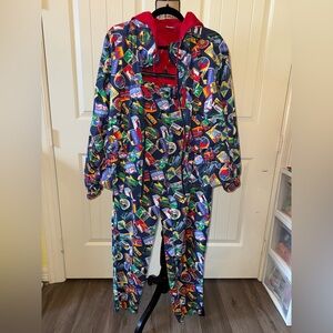 VTG 90s Track Suit Jacket Pants Sz SM/MED Post Card Travel All-Over Print Hooded